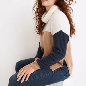 Madewell Hickory Turtleneck Sweater Colorblock Cream Blue Tan Slouchy Wool XS